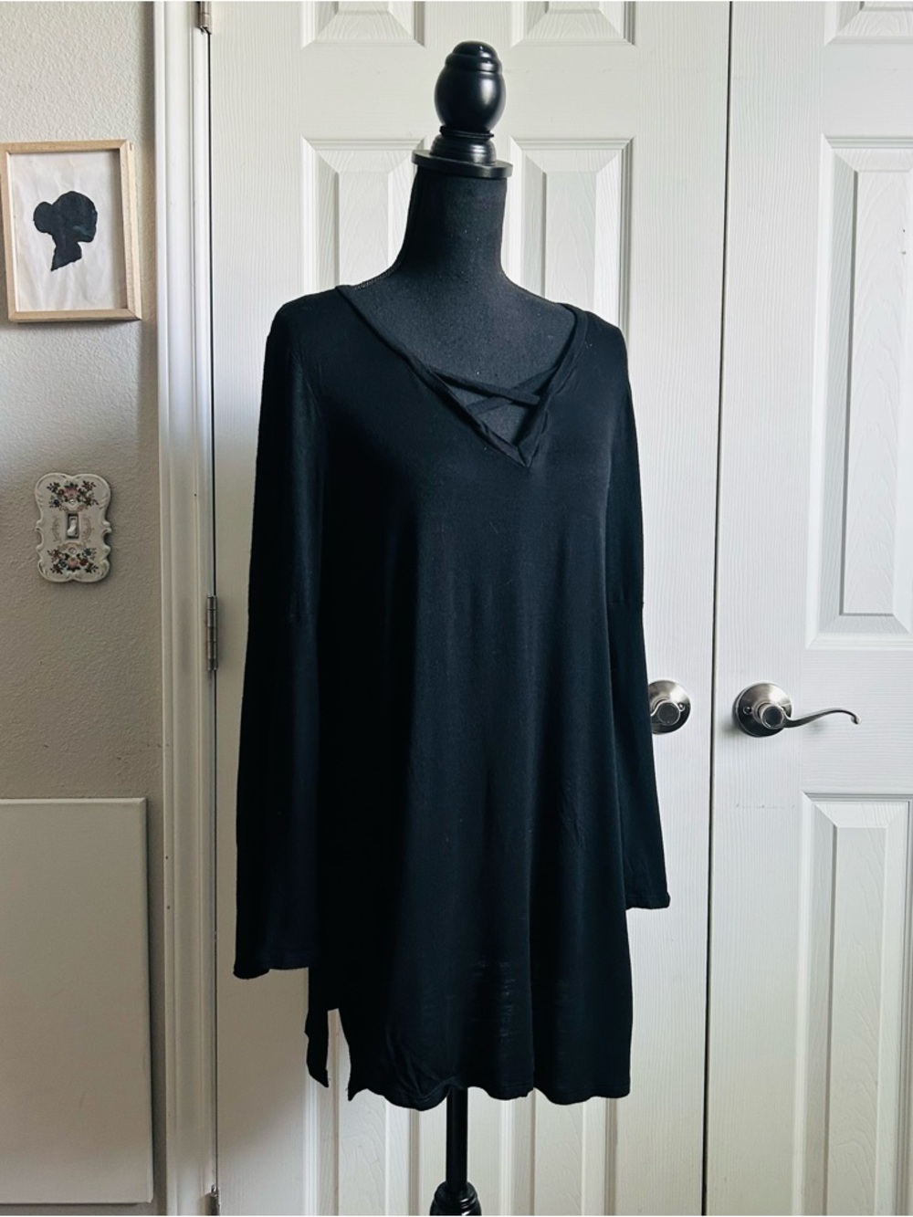 Ces Femme black cross front open bell sleeve criss cross front tunic blouse